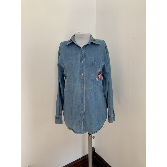 VTG Quizz NY Embroider Christmas Teddy Bear Jean Denim VTG Top Holly Polo Ralph - Picture 6 of 11